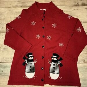 Snowman Christmas Cardigan Sweater Snowflake Holiday Winter Festive Red